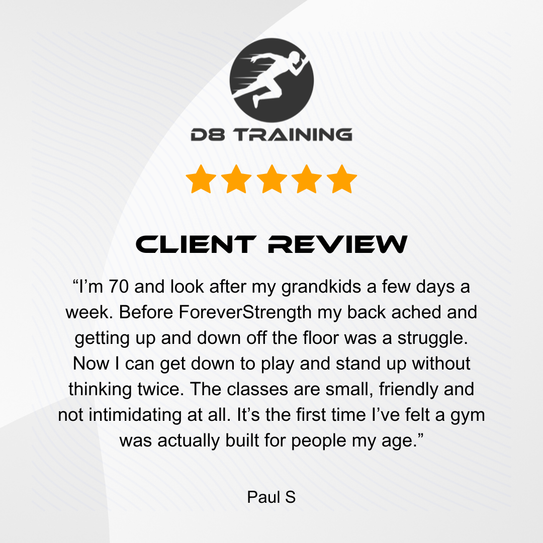 Client review for DB Training with a 5-star rating. Paul S. writes about improved back pain and mobility after attending classes.