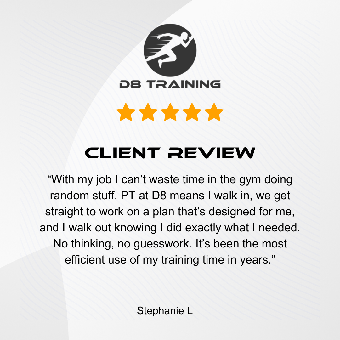 Client review for DB Training with a 5-star rating. Quote highlights efficient, personalized training.
