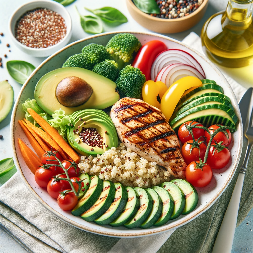 A nutritious meal with a balanced mix of protein, healthy fats, and carbohydrates. The plate includes grilled chicken, quinoa, avocado, and a variety of vegetables