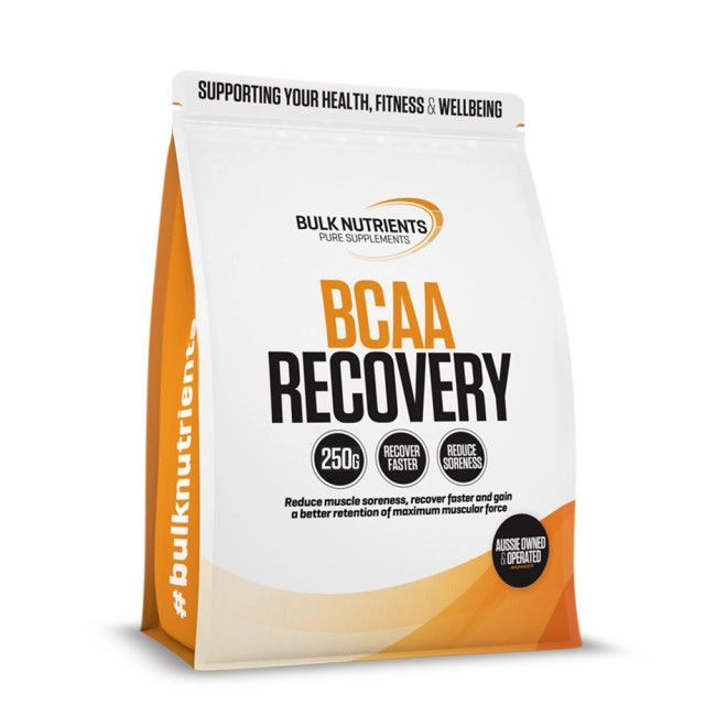 White and orange bag of Bulk Nutrients BCAA Recovery supplement, 250g. Supports health, fitness & wellbeing.