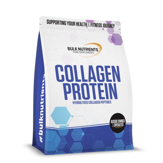 White bag of Bulk Nutrients collagen protein powder. Blue and purple accents, white text.