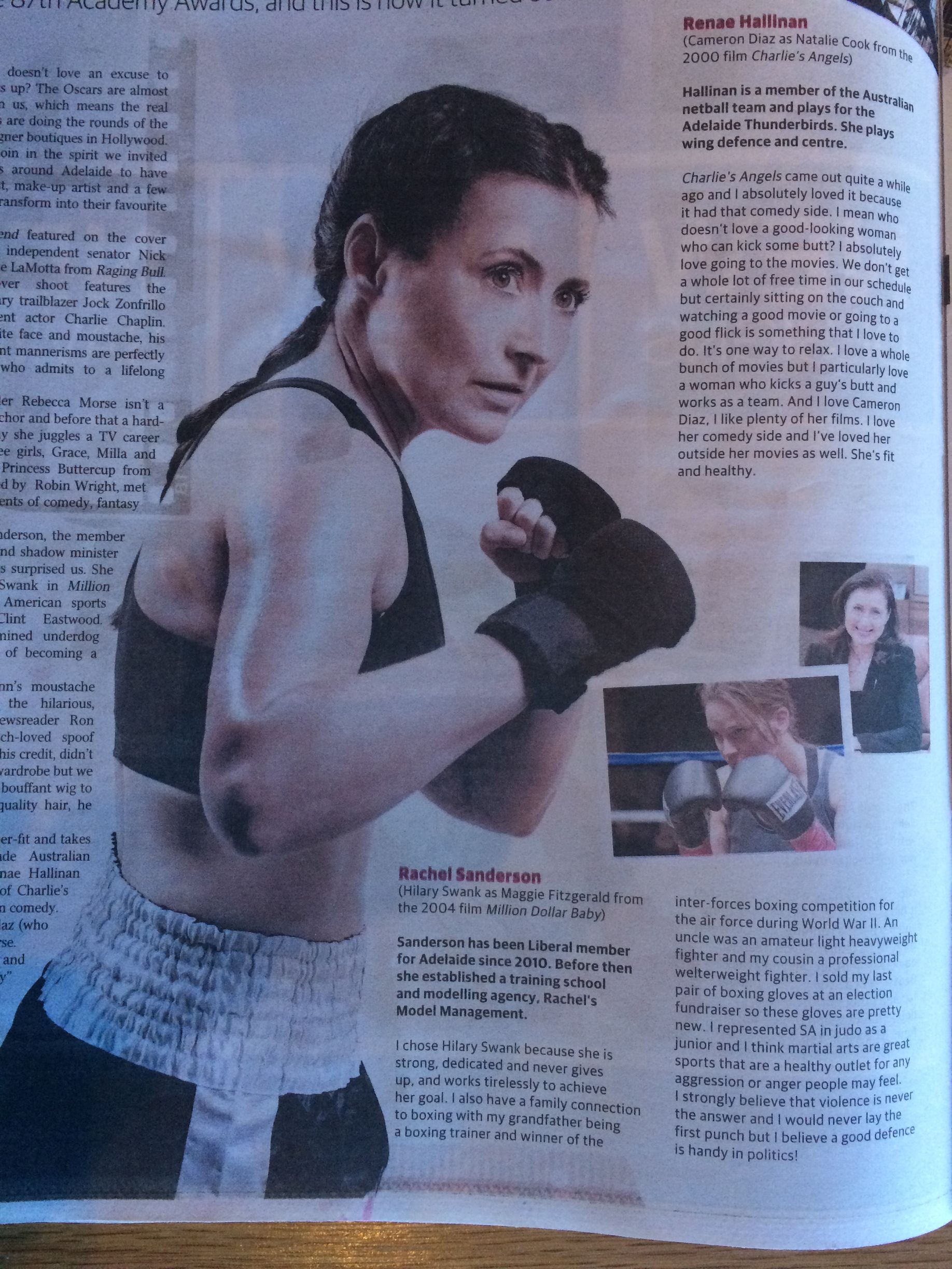 A woman in boxing gloves is featured in a magazine