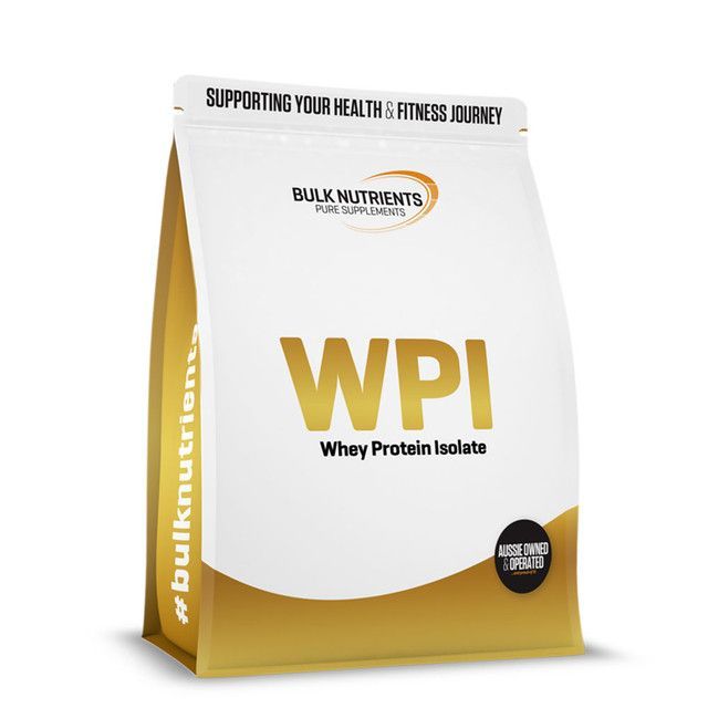 Bag of Bulk Nutrients Whey Protein Isolate (WPI), white and gold, labeled with 