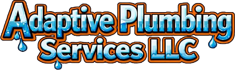 Adaptive Plumbing Services LLC logo in blue and orange text with water drop accents