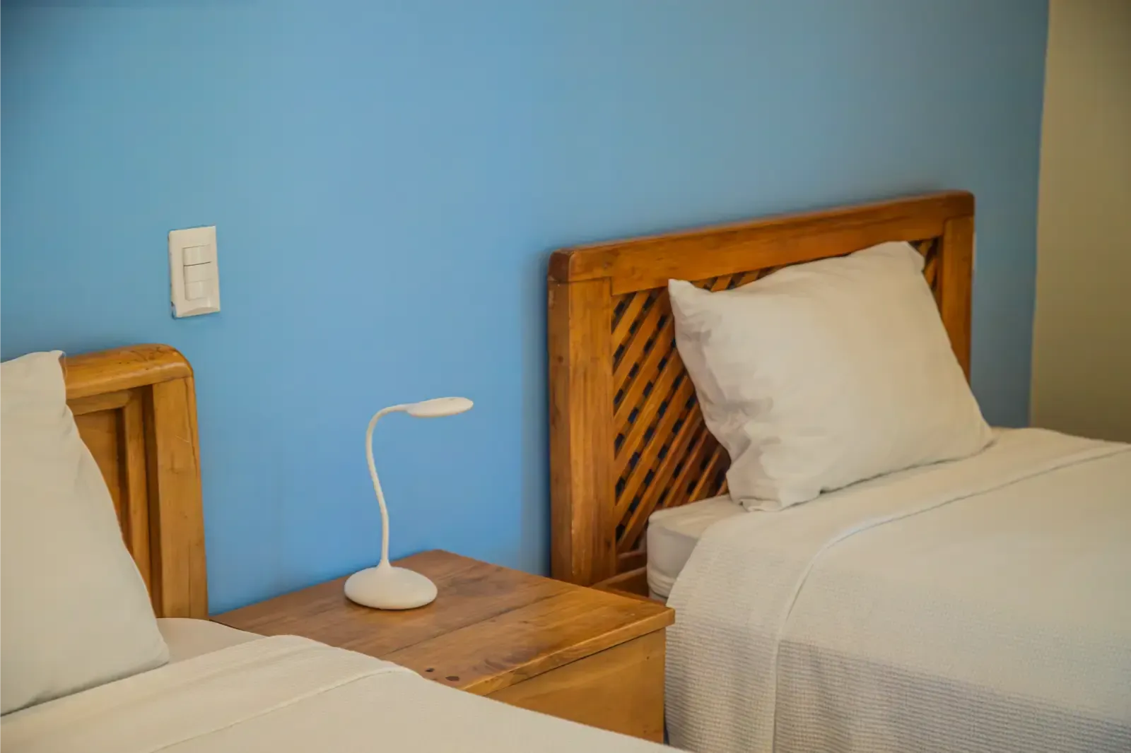 Twin beds with white linens and wooden headboards against a blue wall. A lamp sits on a nightstand.