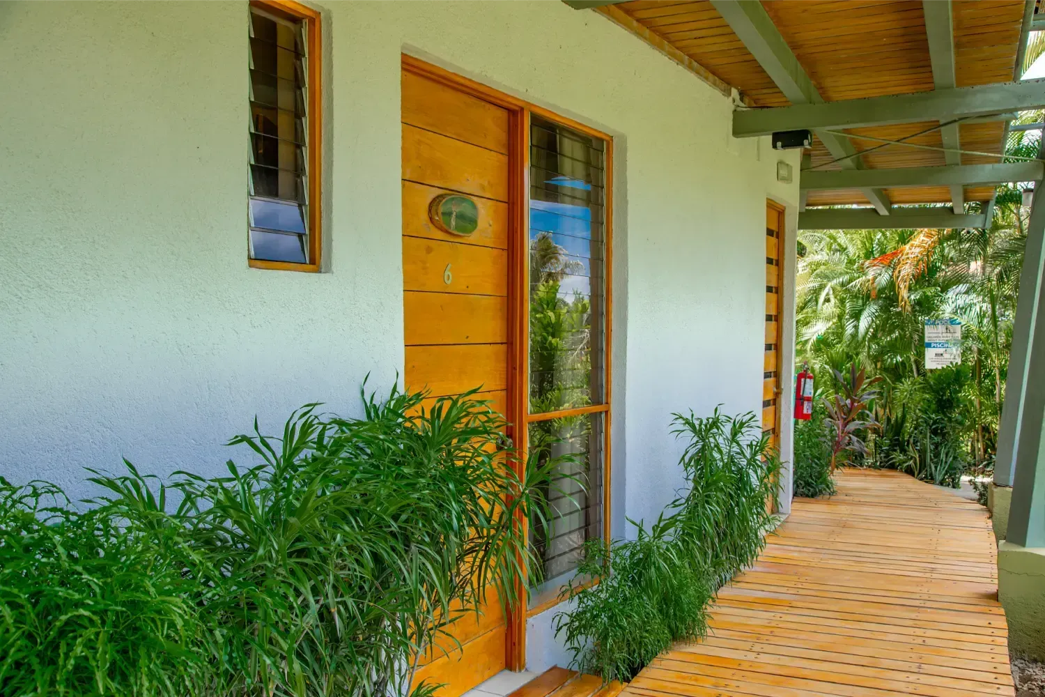 Exterior of a building with a wooden walkway, door, and windows, with green plants lining the path.