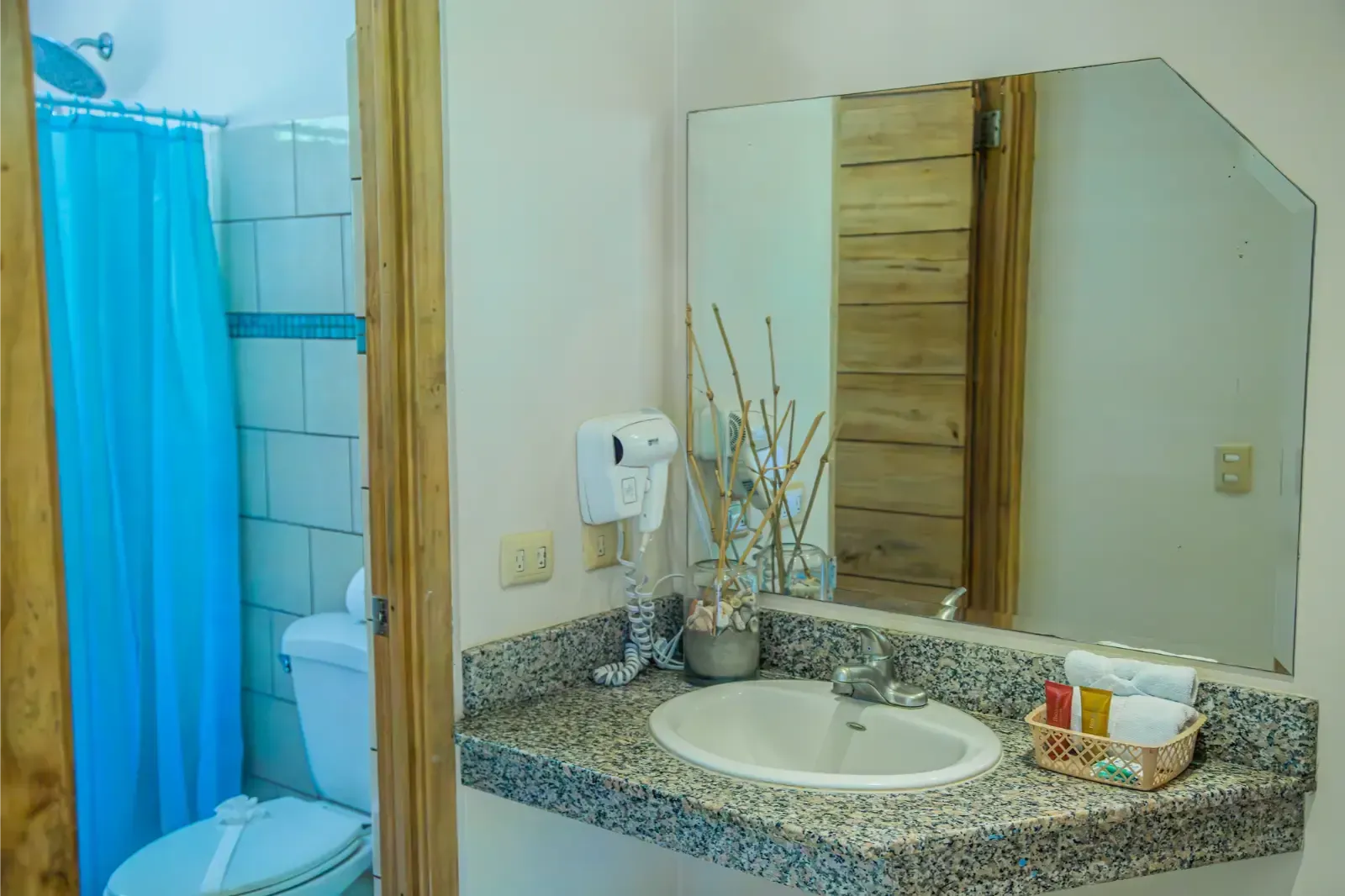 Bathroom with sink, mirror, and toilet. Shower visible through doorway. Blue curtain.