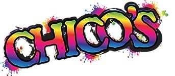 Chico's logo in colorful gradient font with black outline and paint splatter effect.