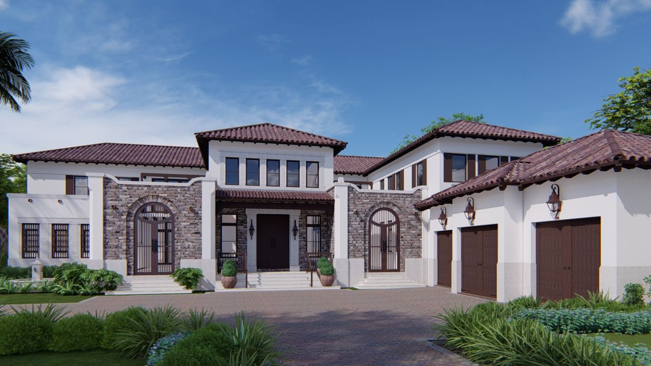 Mansion with white stucco walls, stone accents, brown tile roof, and a three-car garage on a sunny day.