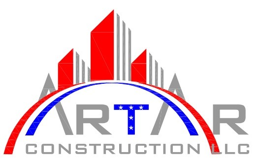 Logo for ARTAR Construction LLC featuring a stylized cityscape in red and gray, and an arch in blue and red.