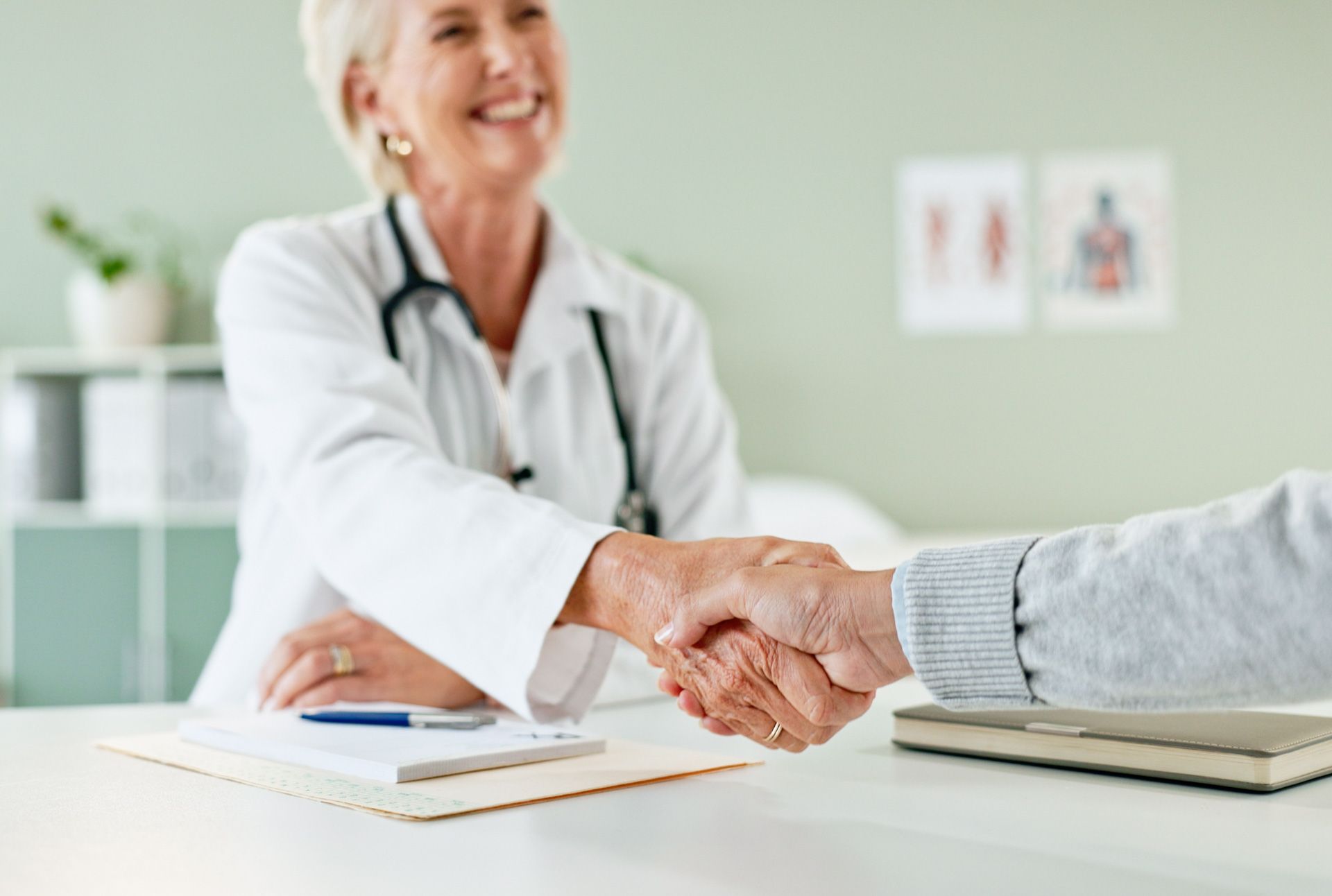 A doctor is shaking hands with a patient at a desk.