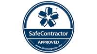 A blue circle with a flower on it that says safe contractor approved