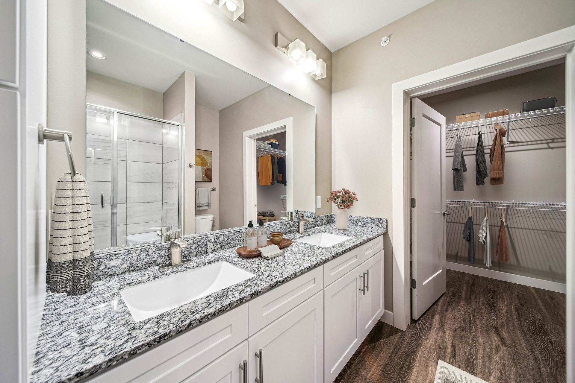 Dual-sink bathroom vanity with granite counter, large mirror, and walk-in closet.