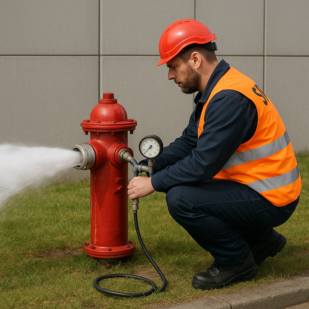 Brandkraan inspecteren, keuren en druktesten door een servicemonteur van RH Brandbeveiliging