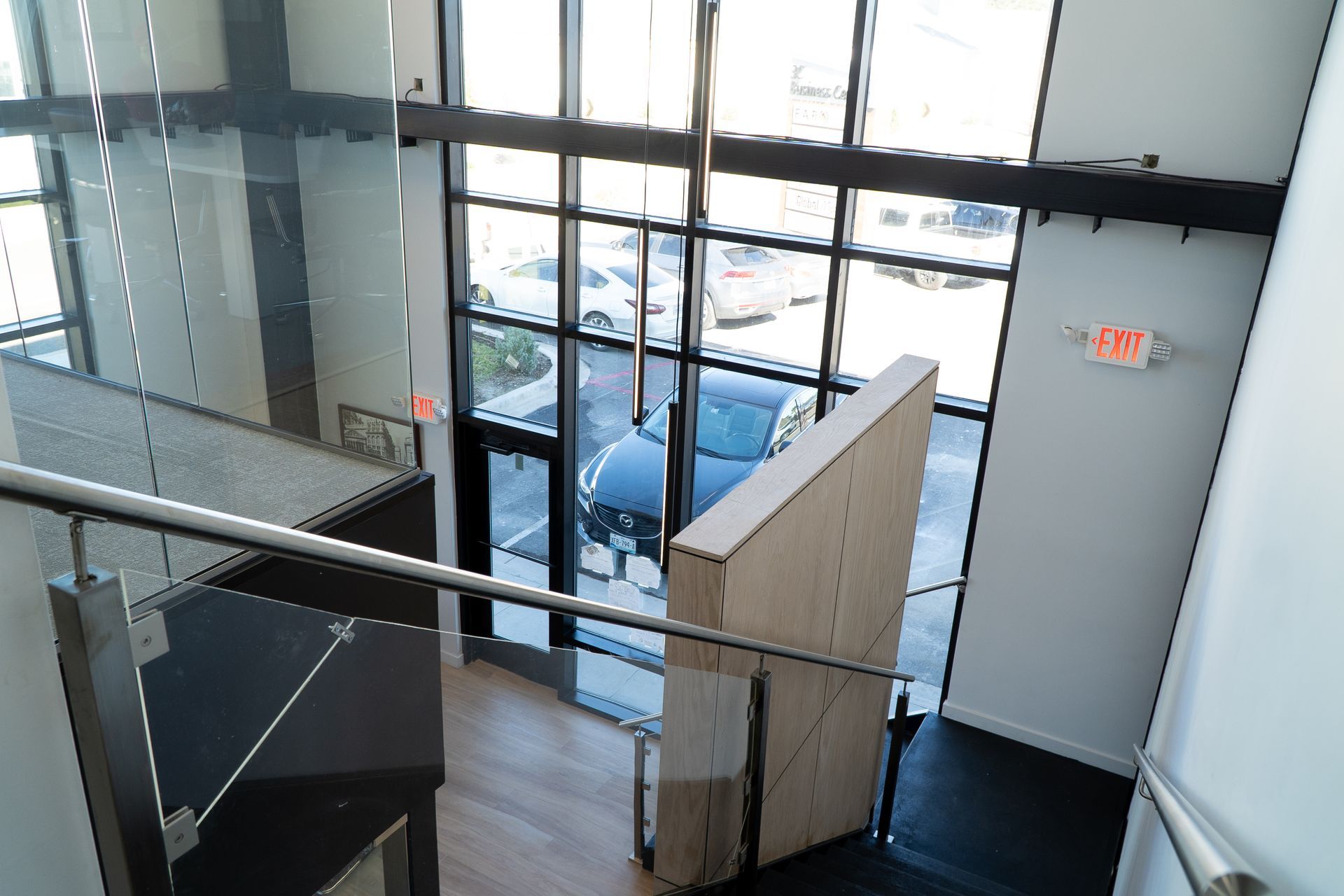 The interior of Faro Wealth, looking out into the parking lot. 
