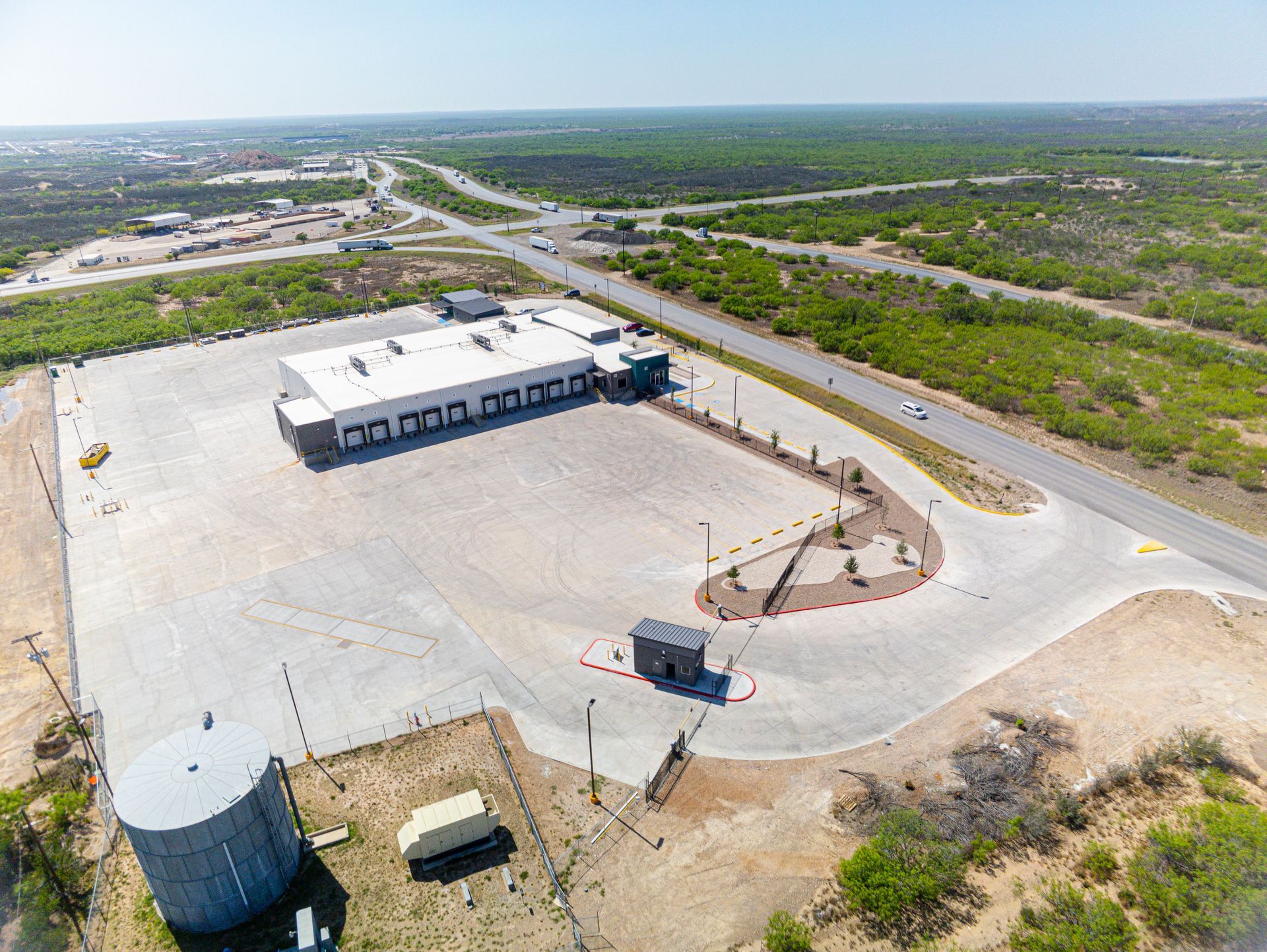 An aerial shot of the Garros Service warehouse and the surrounding area. 
