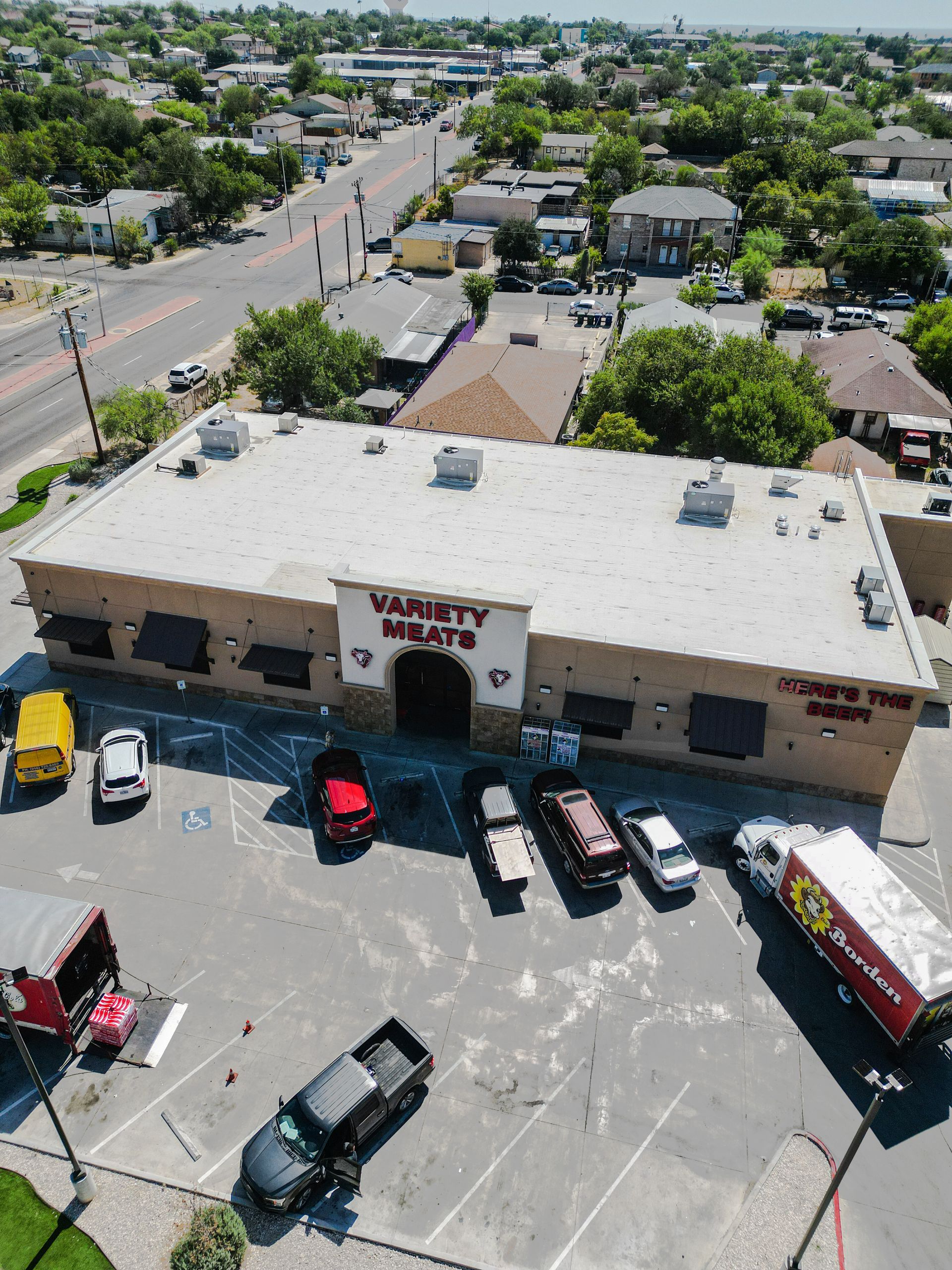 A bird's eye view of the building housing Variety Meats in Laredo, Texas.