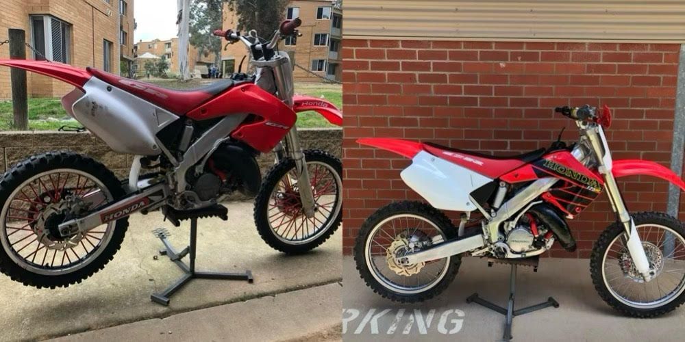 Before and After Image of Red and White Dirt Bikes Parked on Stands — Bodes All Mechanical In Bega, NSW