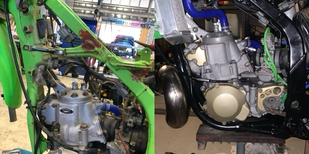 Before and After Two-Stroke Motorcycle Engine With Green and Black Frames — Bodes All Mechanical In Bega, NSW