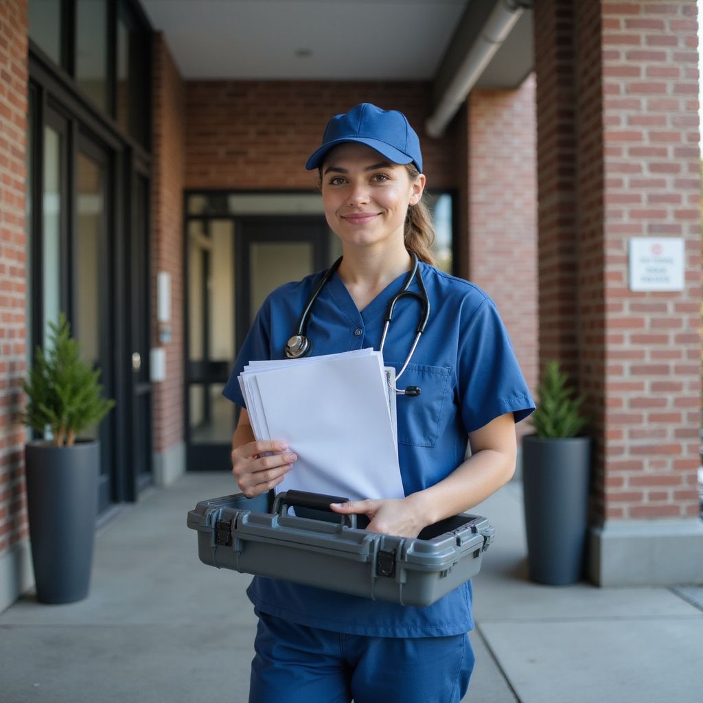 Medical professional in blue scrubs, holding files and case, standing outside brick building.