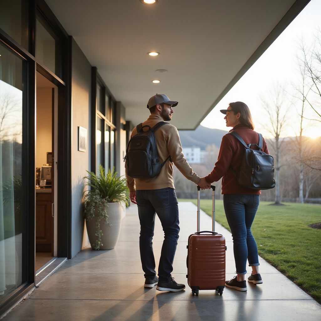 Couple holding hands, pulling a suitcase, walking along a porch. Mountain in the background.