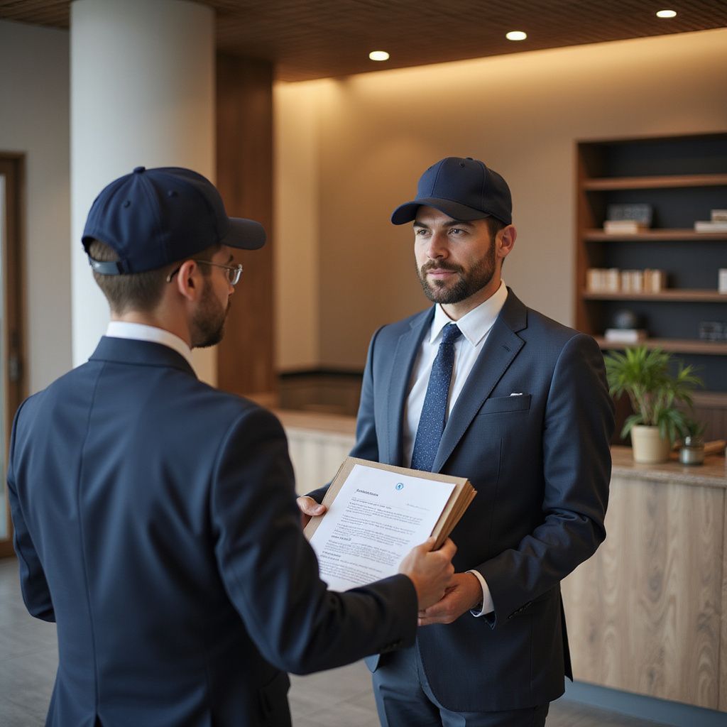 Two men in suits and caps, one handing the other a clipboard indoors.
