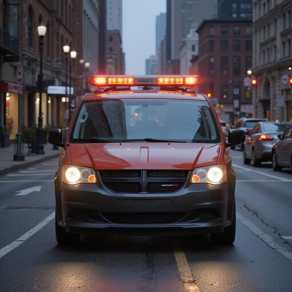 Red emergency vehicle with flashing lights driving down a city street.