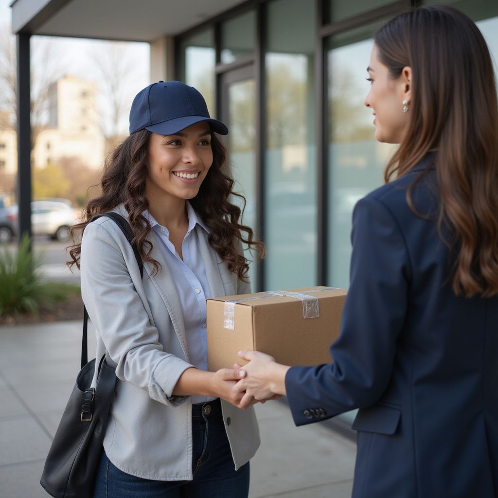 Delivery person hands package to a woman outside a building. Both smile.