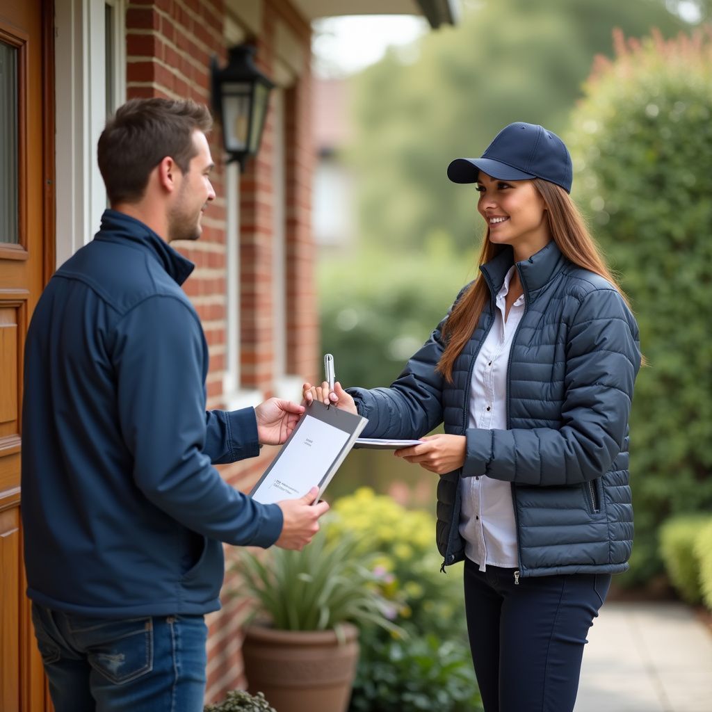 Woman in blue jacket hands clipboard to man at a doorway, person signing.