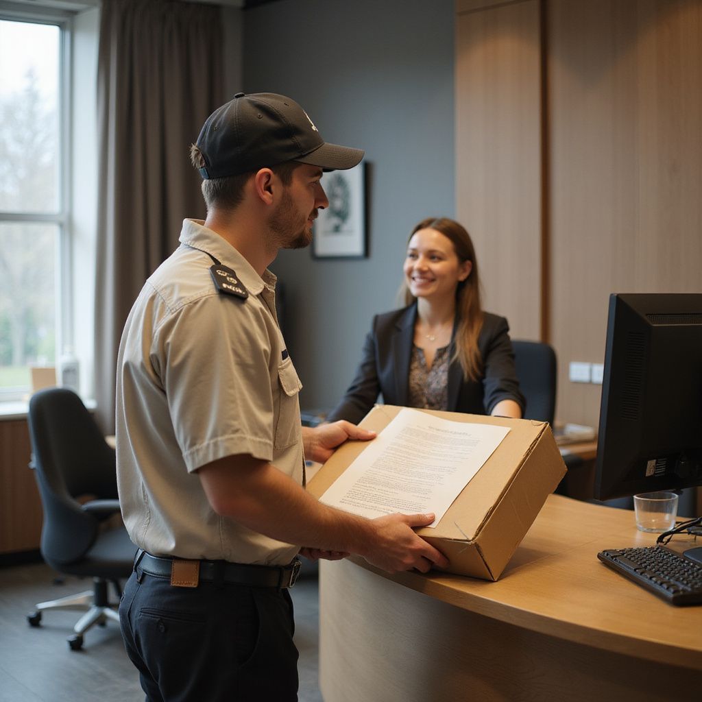 Delivery person hands a cardboard box to a smiling woman at a reception desk.