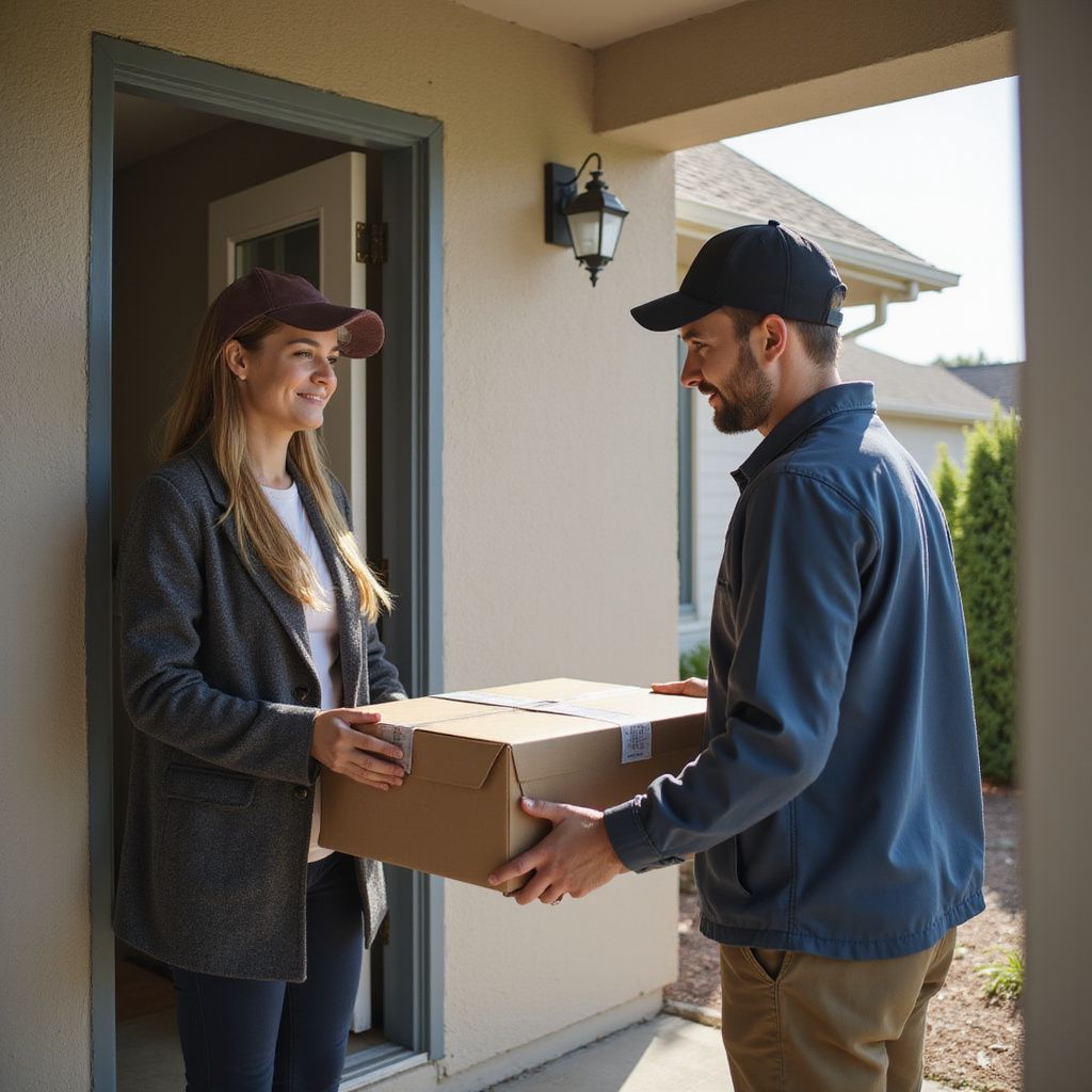 Delivery person hands a cardboard box to a person at a home's doorway.