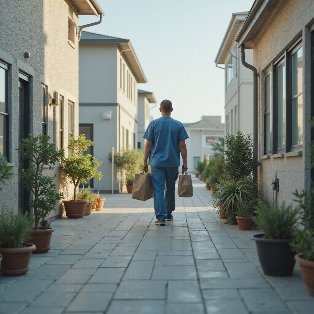 Man walking down an alley, carrying two paper bags. Buildings and potted plants line the path.