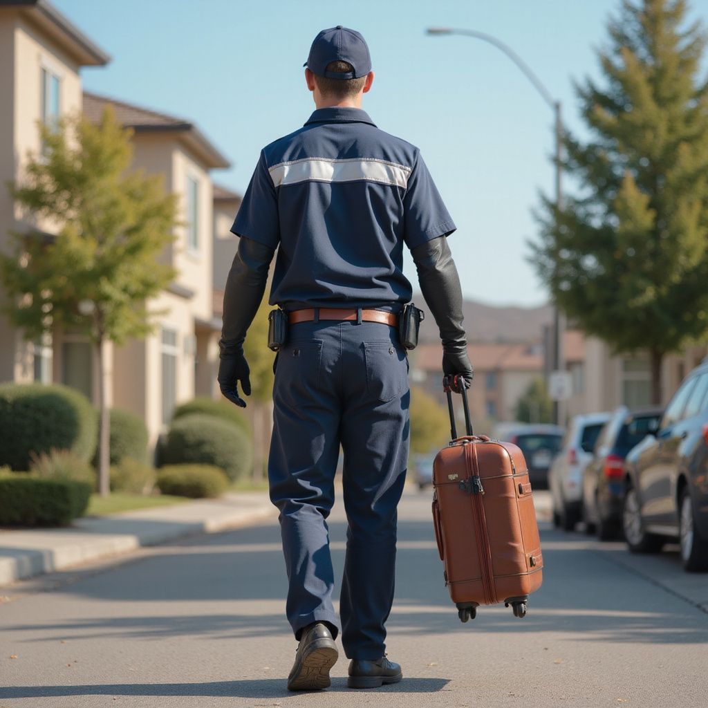 A person in a blue uniform walks down a street, pulling a brown suitcase. Suburban setting.