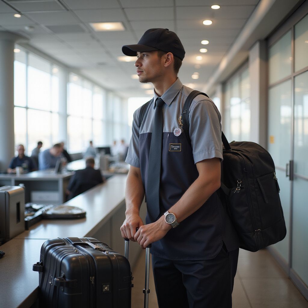 Man in uniform with luggage in an airport, looking to the side.