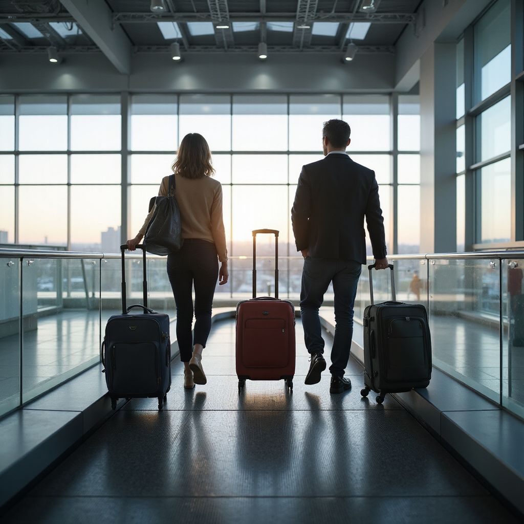 Couple walking with luggage in an airport terminal, toward large windows.