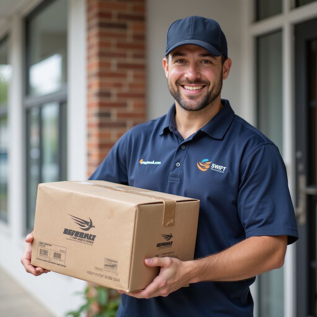 Delivery person in a blue uniform and cap smiling while holding a box outside a building.