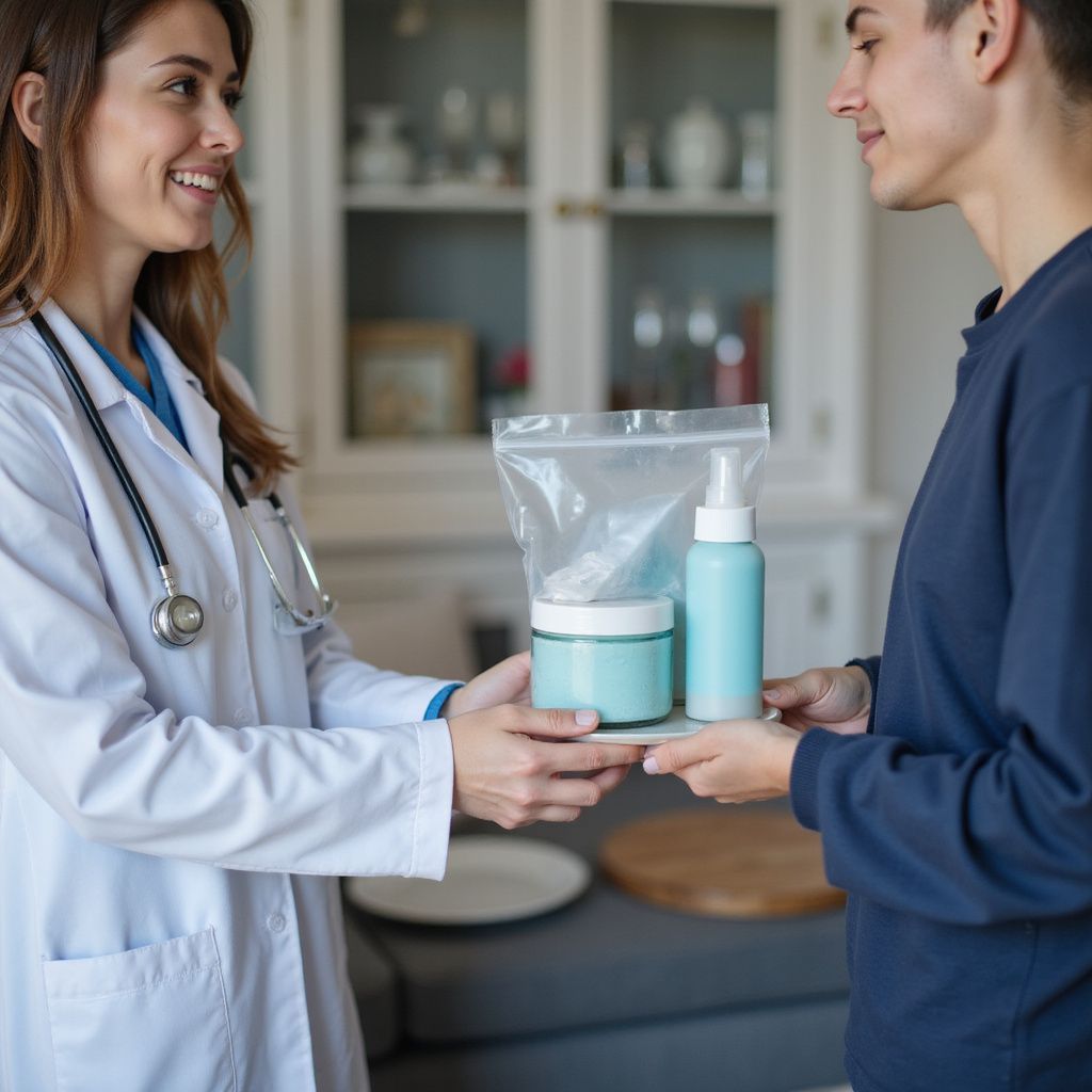 Doctor handing a patient a bag with skincare products.