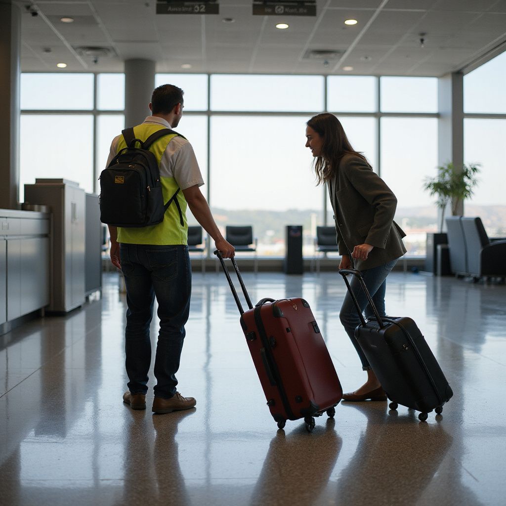 Airport worker assisting a traveler with luggage in a terminal.