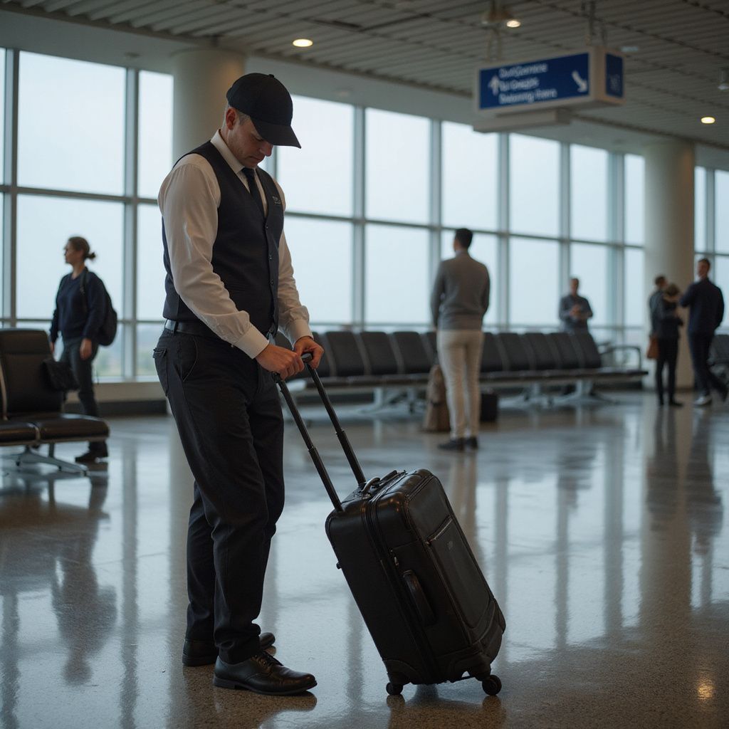 Man in uniform pulls a suitcase in an airport.