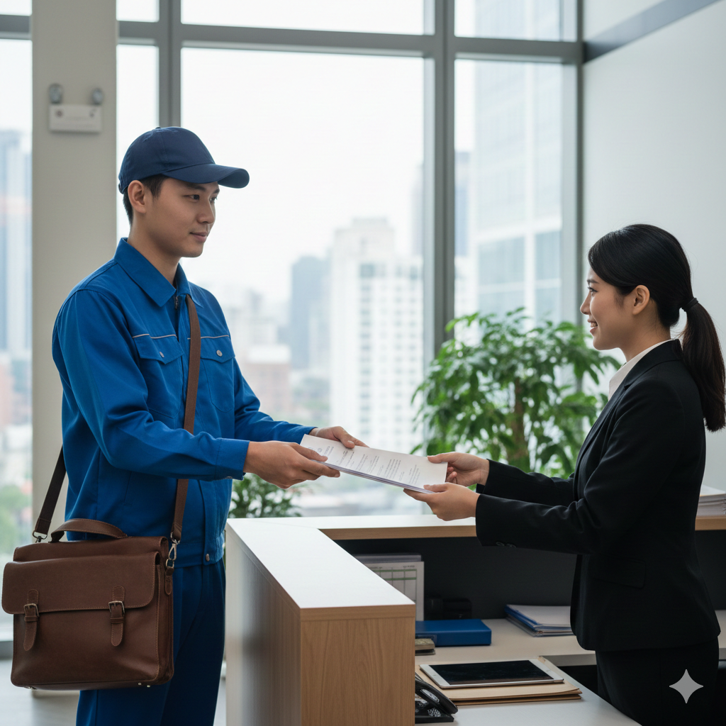 Man in blue uniform hands documents to woman at a reception desk.