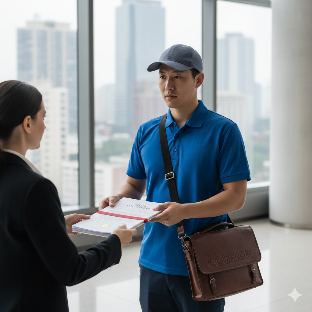 Delivery person handing documents to a person in an office.