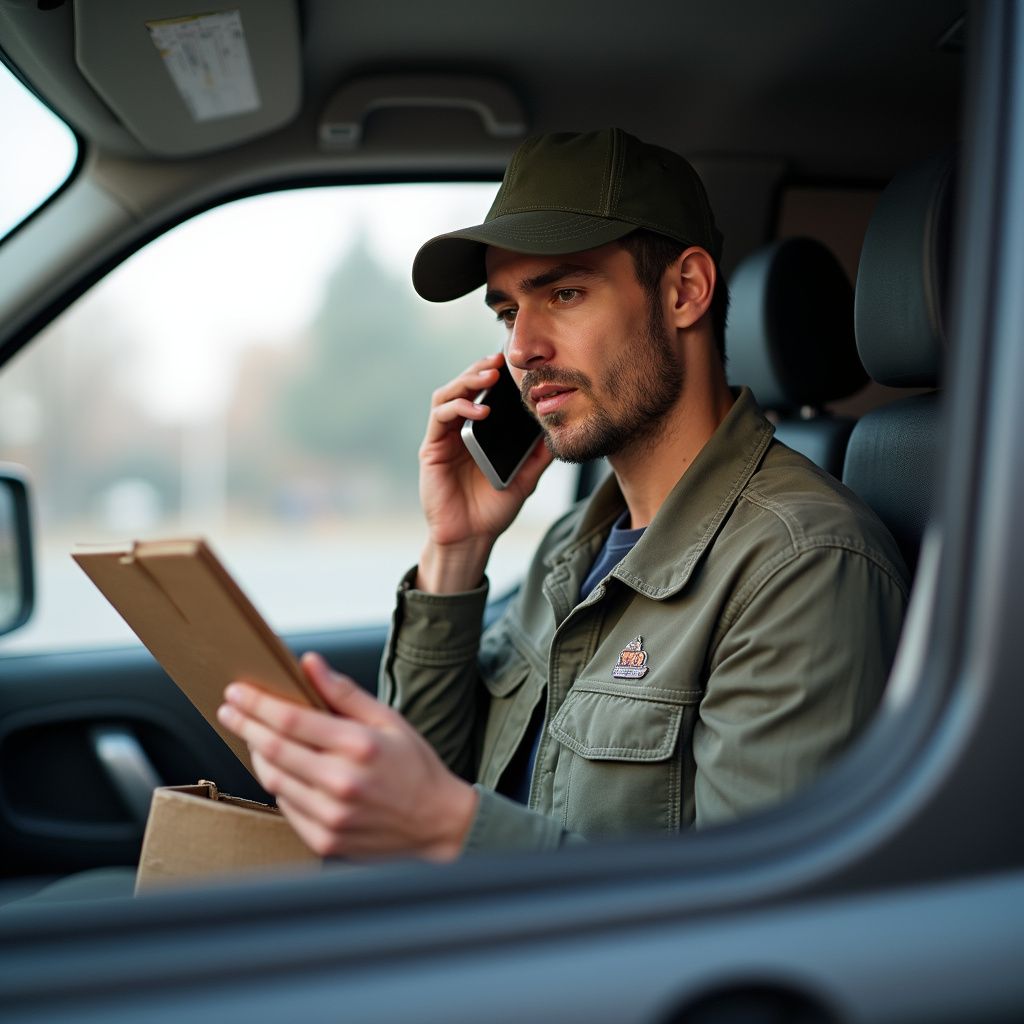 Delivery person in van, looking at paperwork, talking on the phone. Green jacket, cap.
