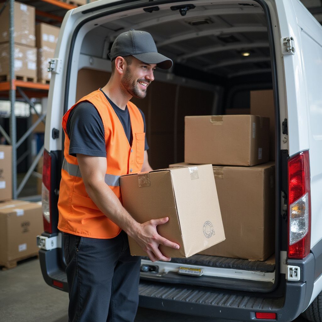 Delivery worker loading boxes into a white van; wearing an orange vest and cap, smiling.