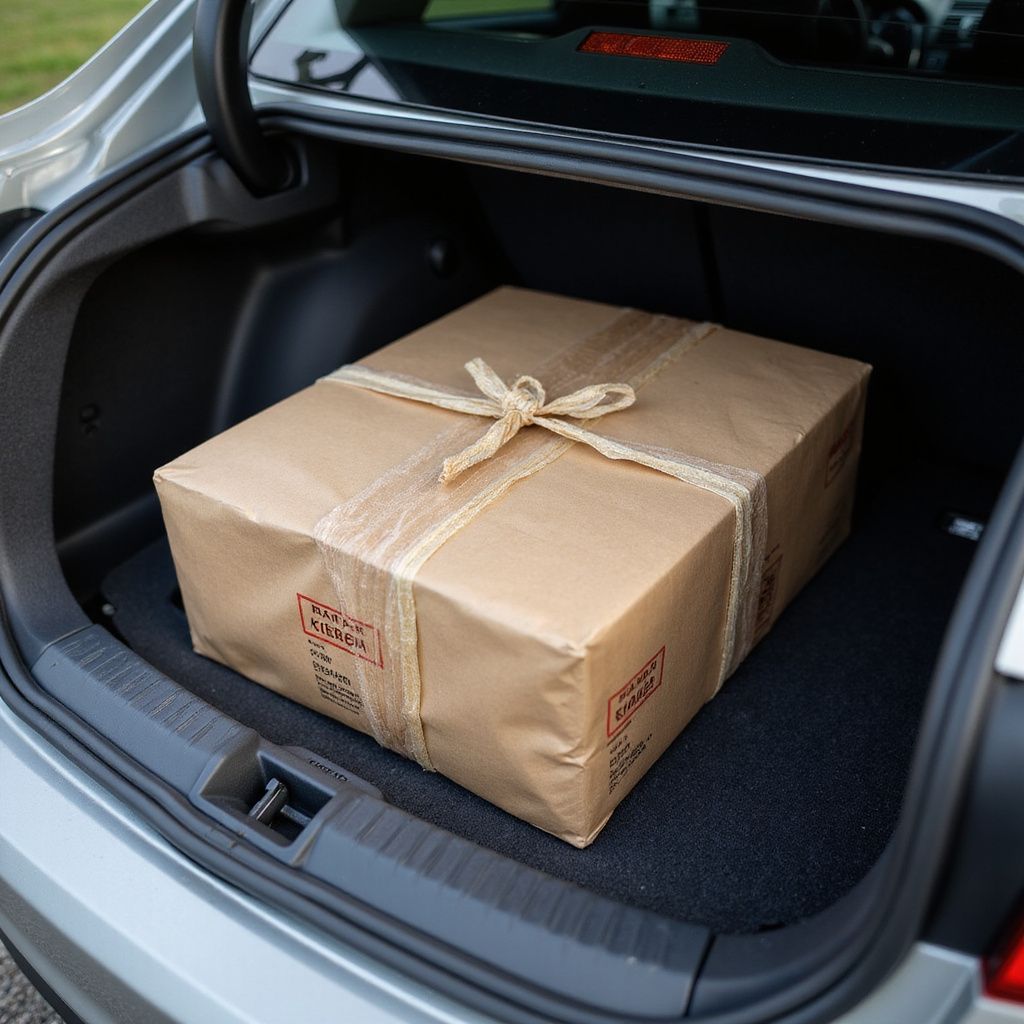 Brown cardboard box tied with twine in the trunk of a silver car.