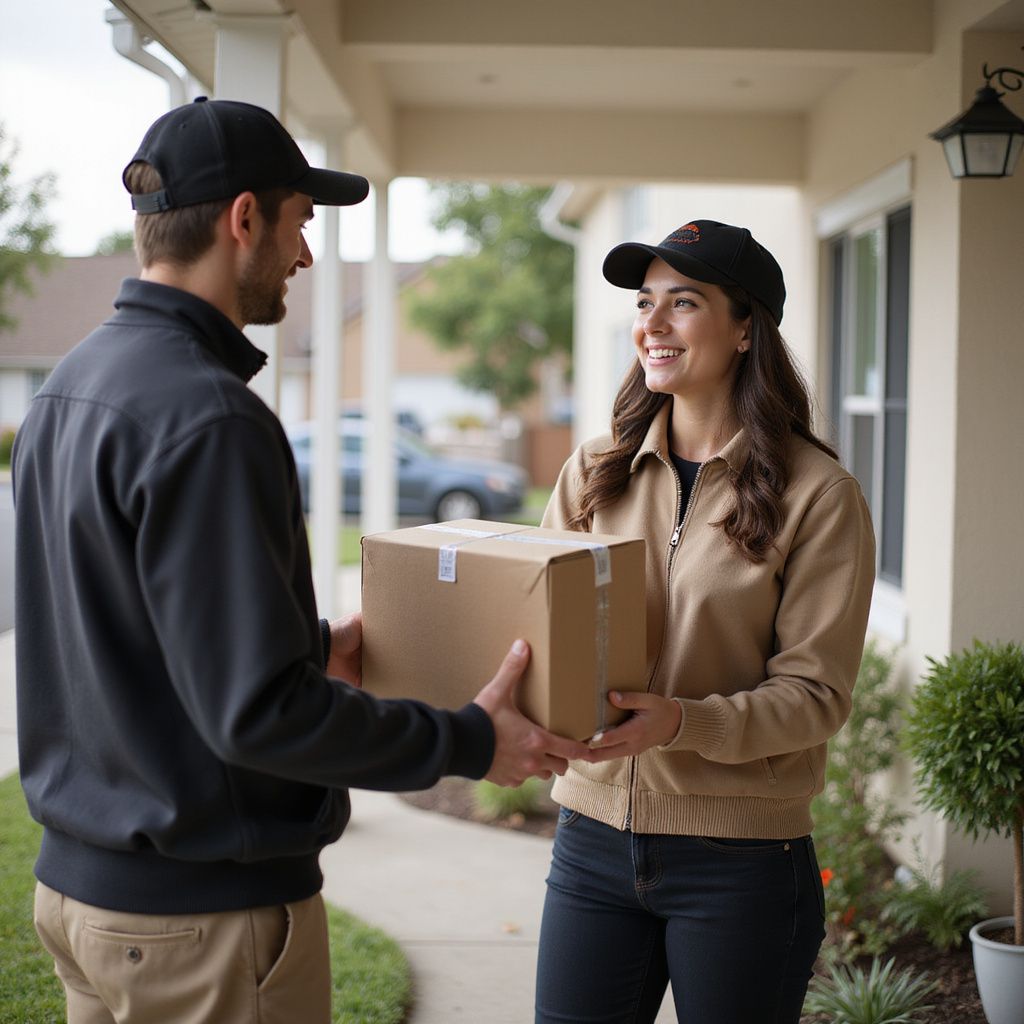 Delivery person handing a cardboard box to a smiling person on a porch.