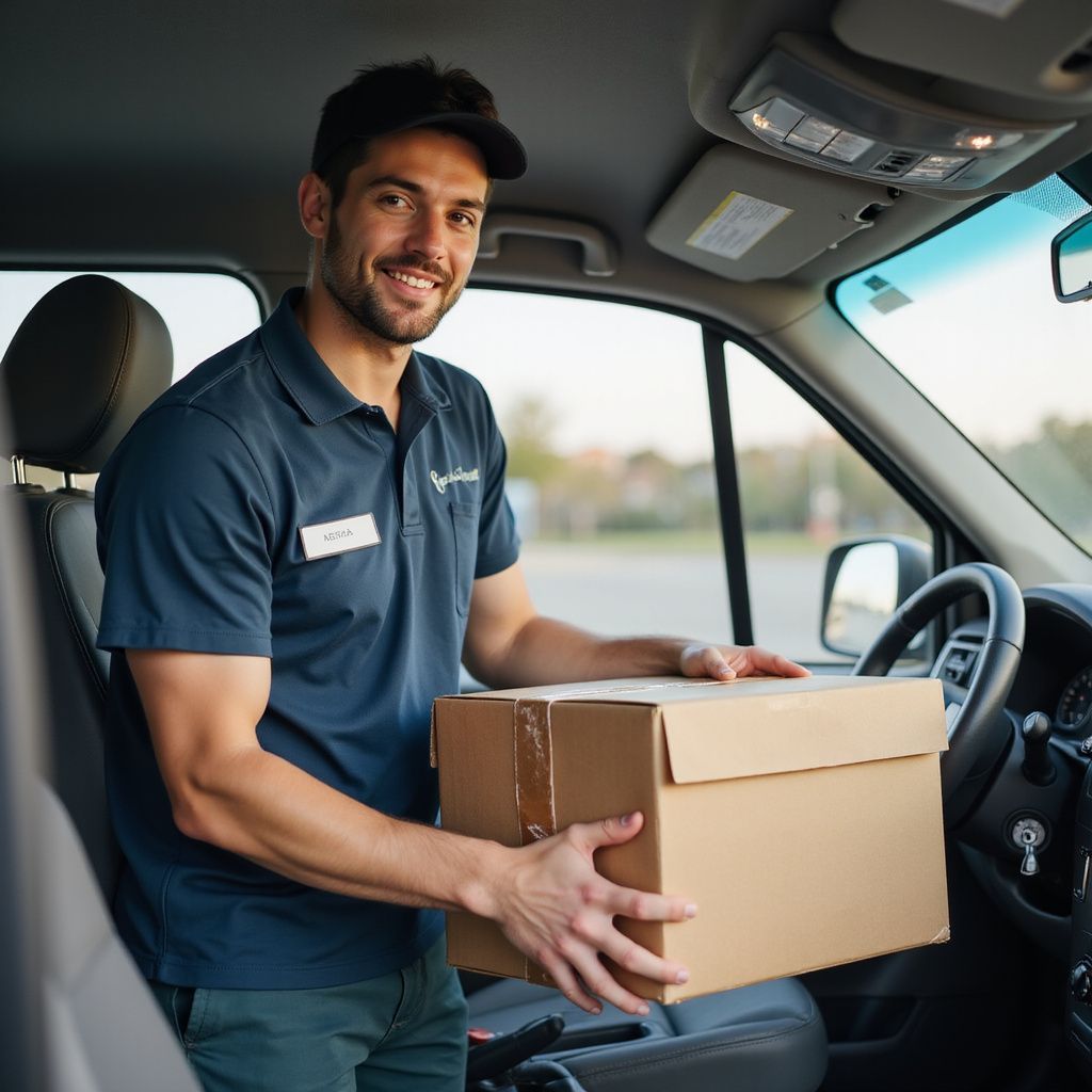 Delivery person in blue shirt, holding a cardboard box, exiting a van, smiling.