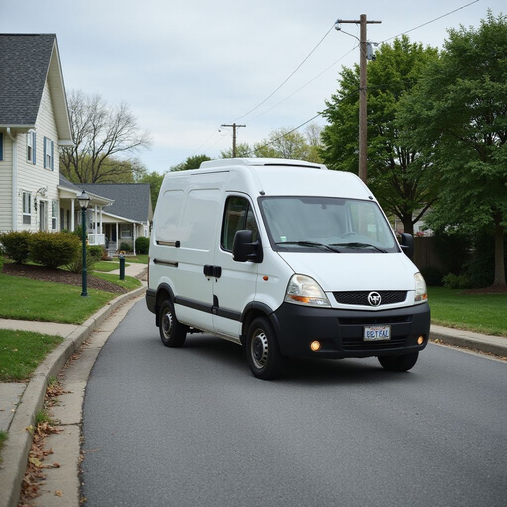 White cargo van driving on a residential street; houses and trees in the background.