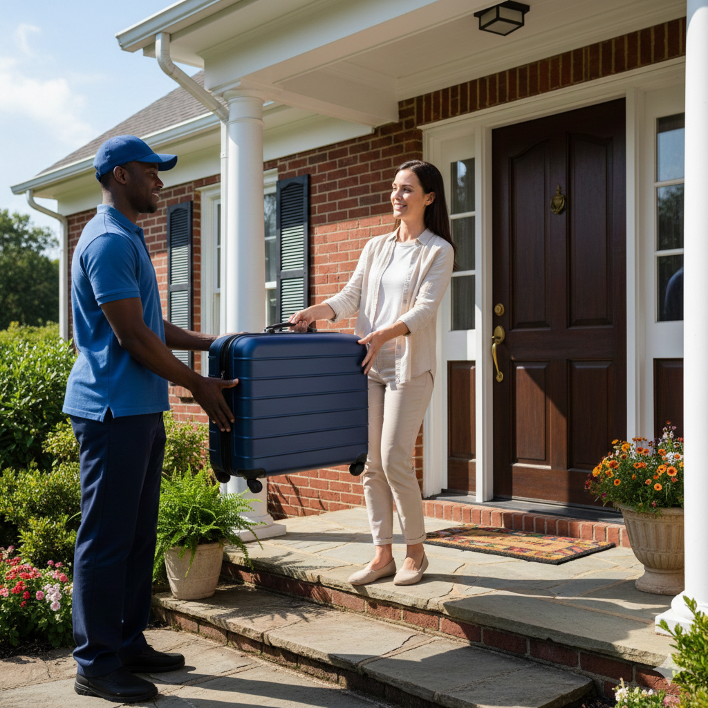 Delivery person hands suitcase to a woman on a porch; brick house.