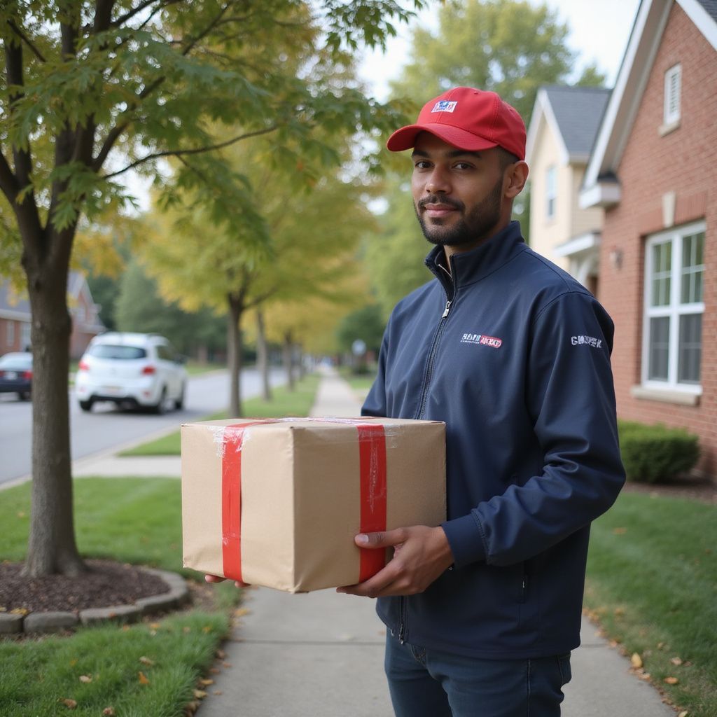 Delivery person holding a package on a sidewalk in front of houses; wearing a red cap and navy jacket.