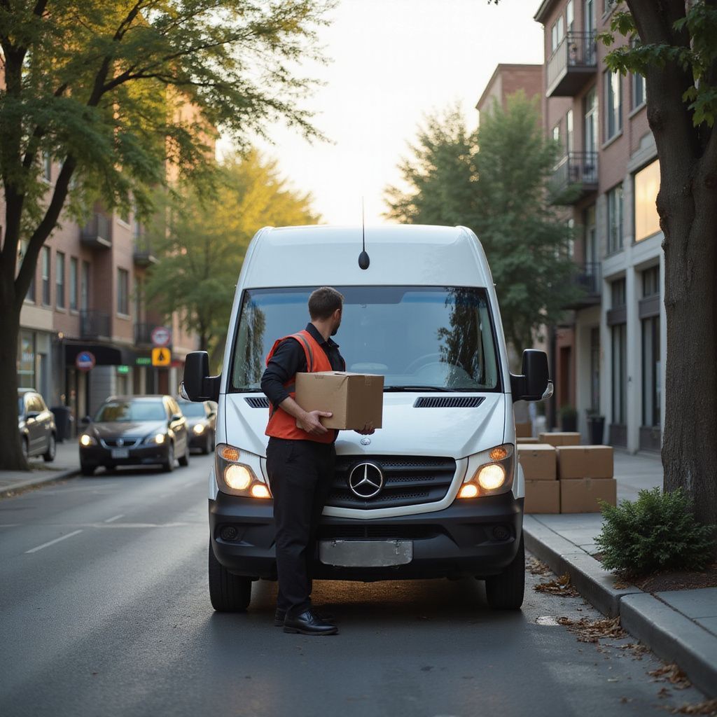 Delivery person holding a box, standing in front of a white van on a city street.